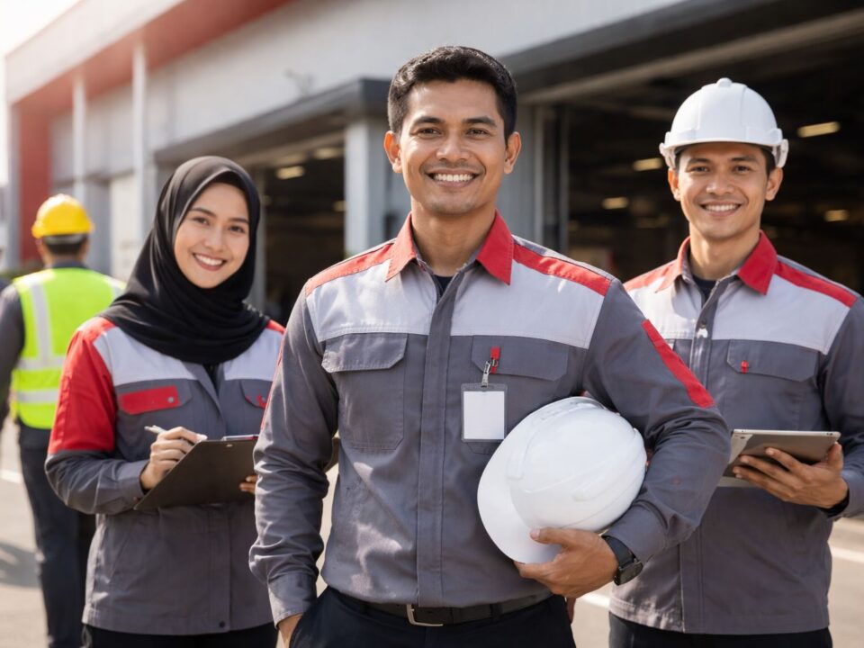 Vendor seragam kerja KIIC Karawang dengan pekerja industri memakai seragam pabrik berkualitas tinggi