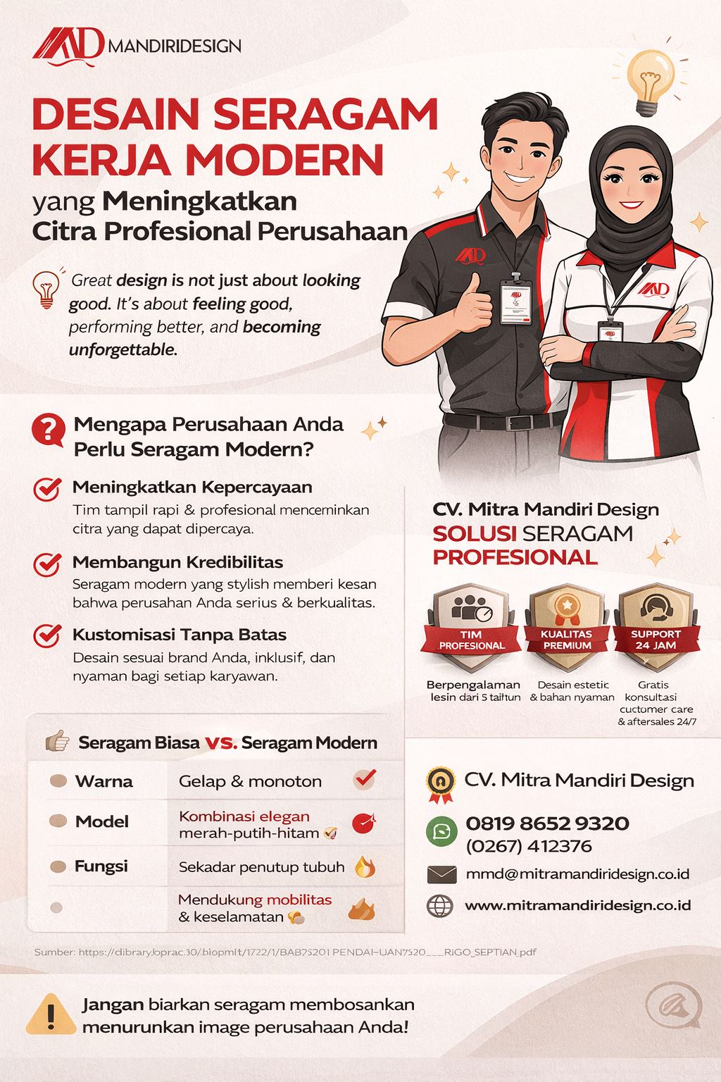 Infografis desain seragam kerja modern untuk meningkatkan citra profesional perusahaan dengan konsep warna merah hitam elegan