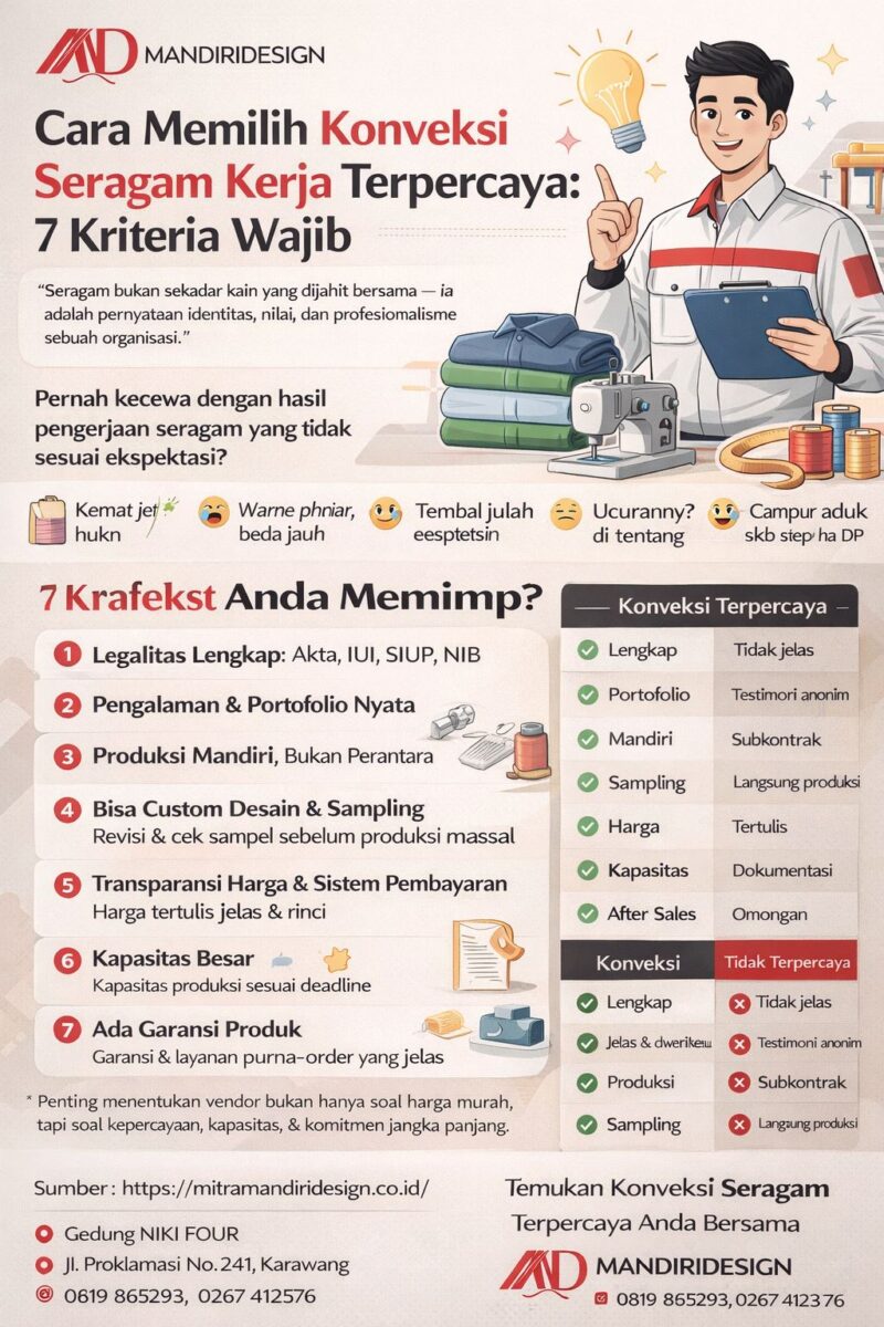 Infografis cara memilih konveksi seragam kerja terpercaya dengan 7 kriteria penting seperti legalitas, portofolio, produksi mandiri, hingga garansi produk