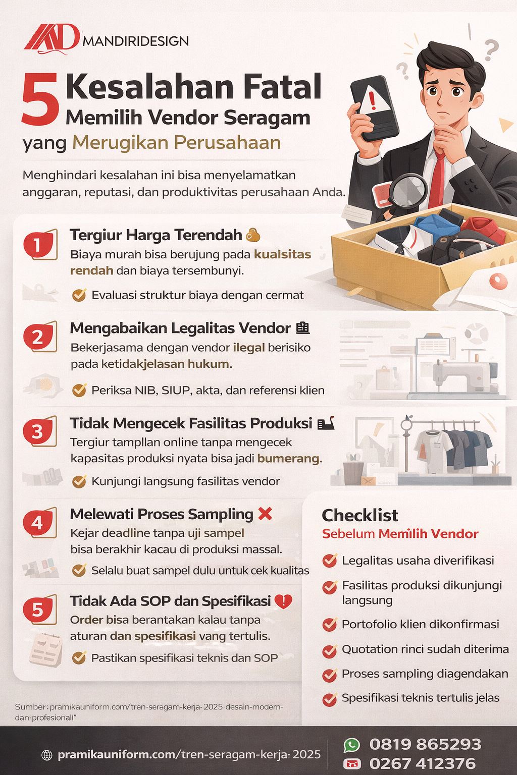 Infografis 5 kesalahan fatal memilih vendor seragam kerja yang merugikan perusahaan dan cara menghindarinya