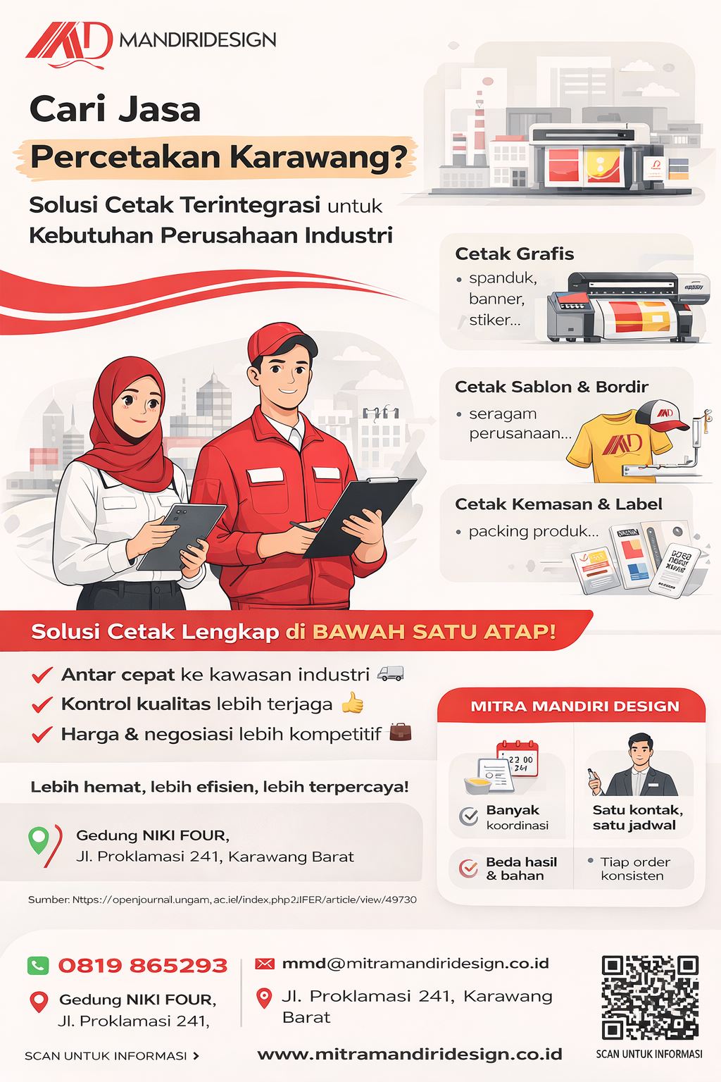 Infografis jasa percetakan Karawang terintegrasi untuk kebutuhan industri, meliputi cetak grafis, sablon seragam, dan label produk dalam satu layanan profesional