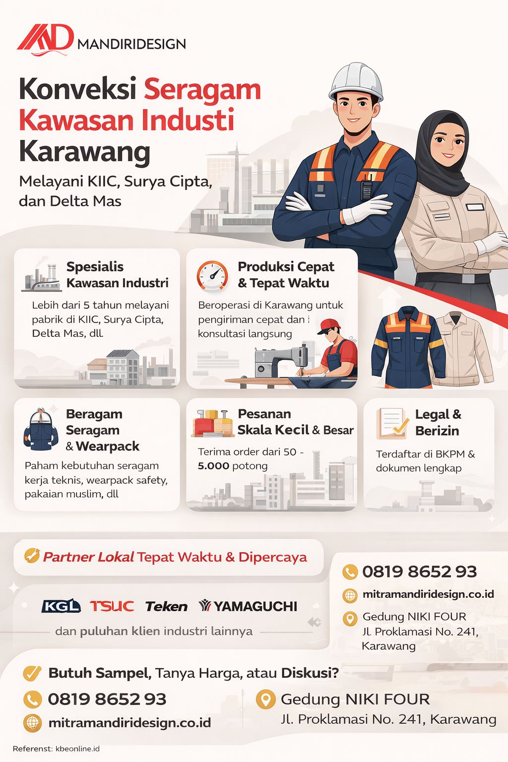Konveksi seragam kawasan industri Karawang melayani KIIC, Surya Cipta, dan Delta Mas dengan produksi cepat dan custom wearpack profesional