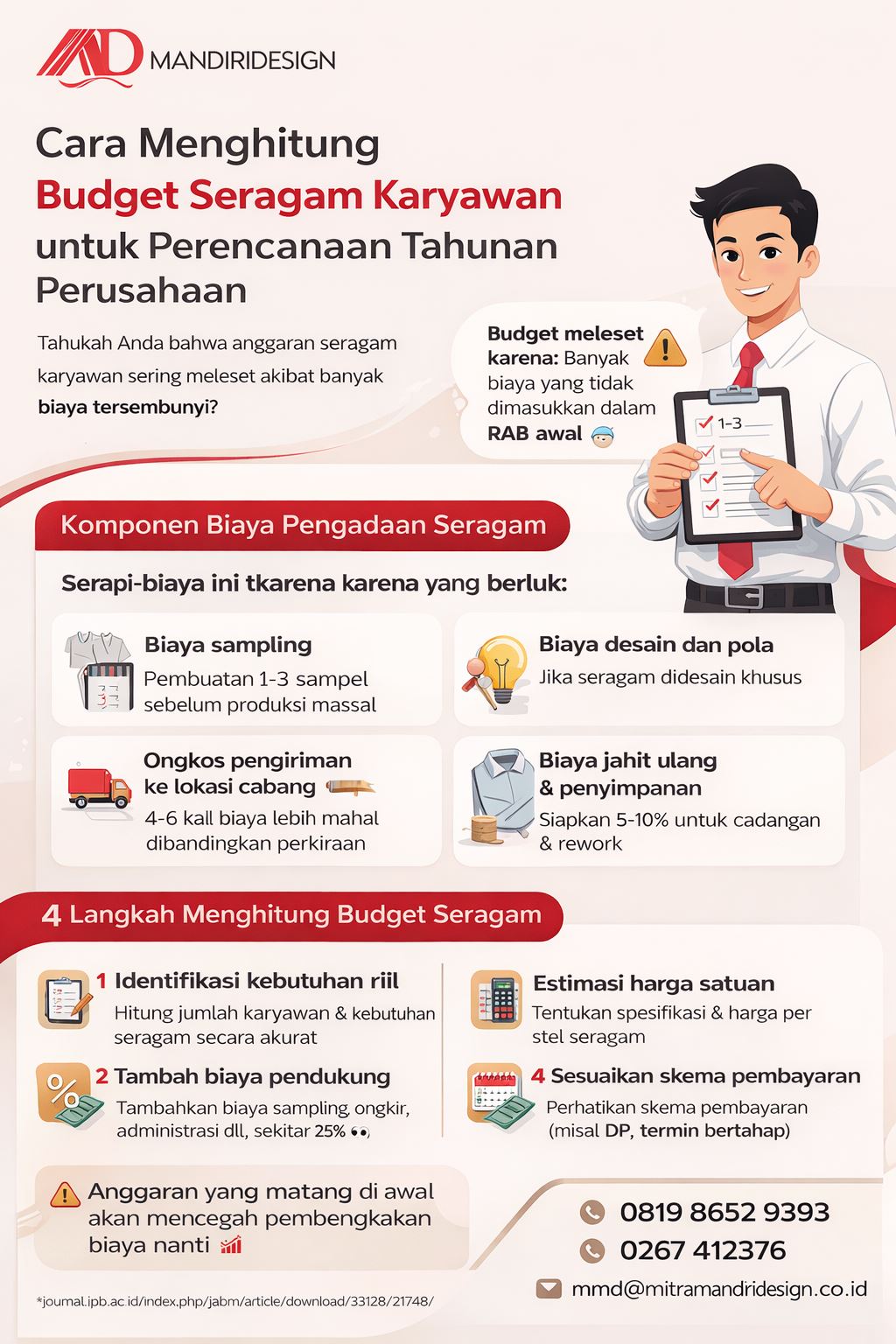 Infografis cara menghitung budget seragam karyawan perusahaan agar anggaran tidak membengkak dengan metode 4 langkah praktis