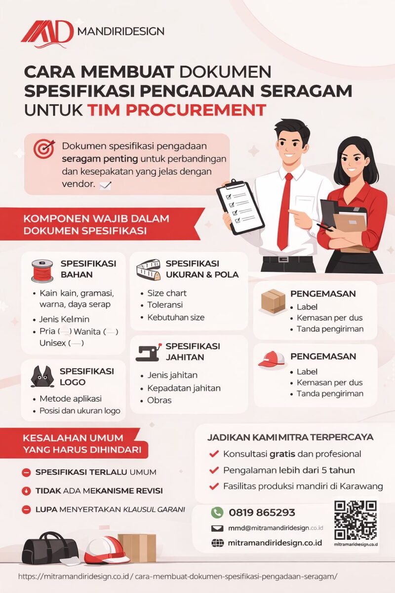 Infografis cara membuat dokumen spesifikasi pengadaan seragam untuk tim procurement agar memilih vendor secara tepat dan terukur