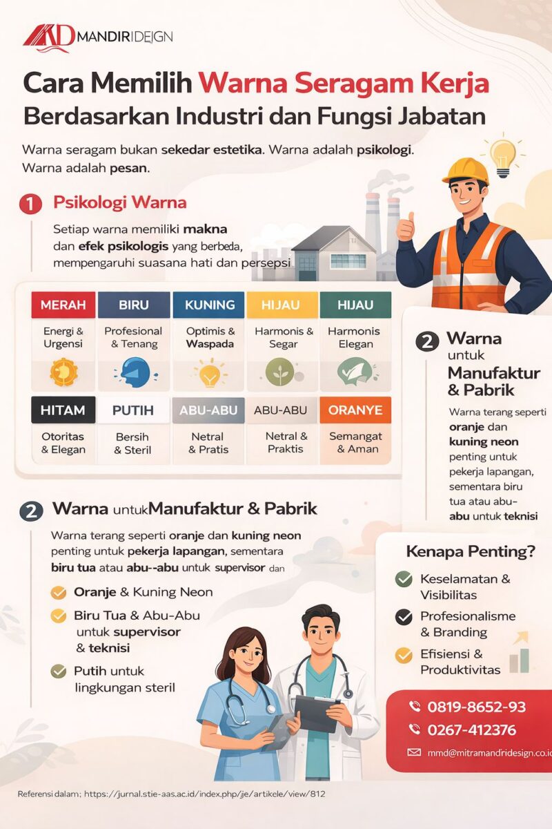 Infografis cara memilih warna seragam kerja industri berdasarkan psikologi warna, fungsi jabatan, dan sektor seperti pabrik, medis, dan konstruksi