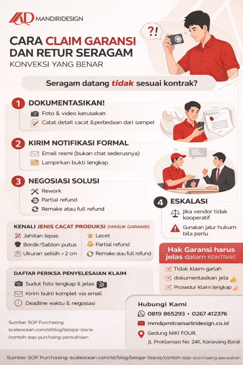 Infografis cara klaim garansi retur seragam konveksi yang benar lengkap dengan langkah dokumentasi, notifikasi, negosiasi, dan eskalasi masalah vendor