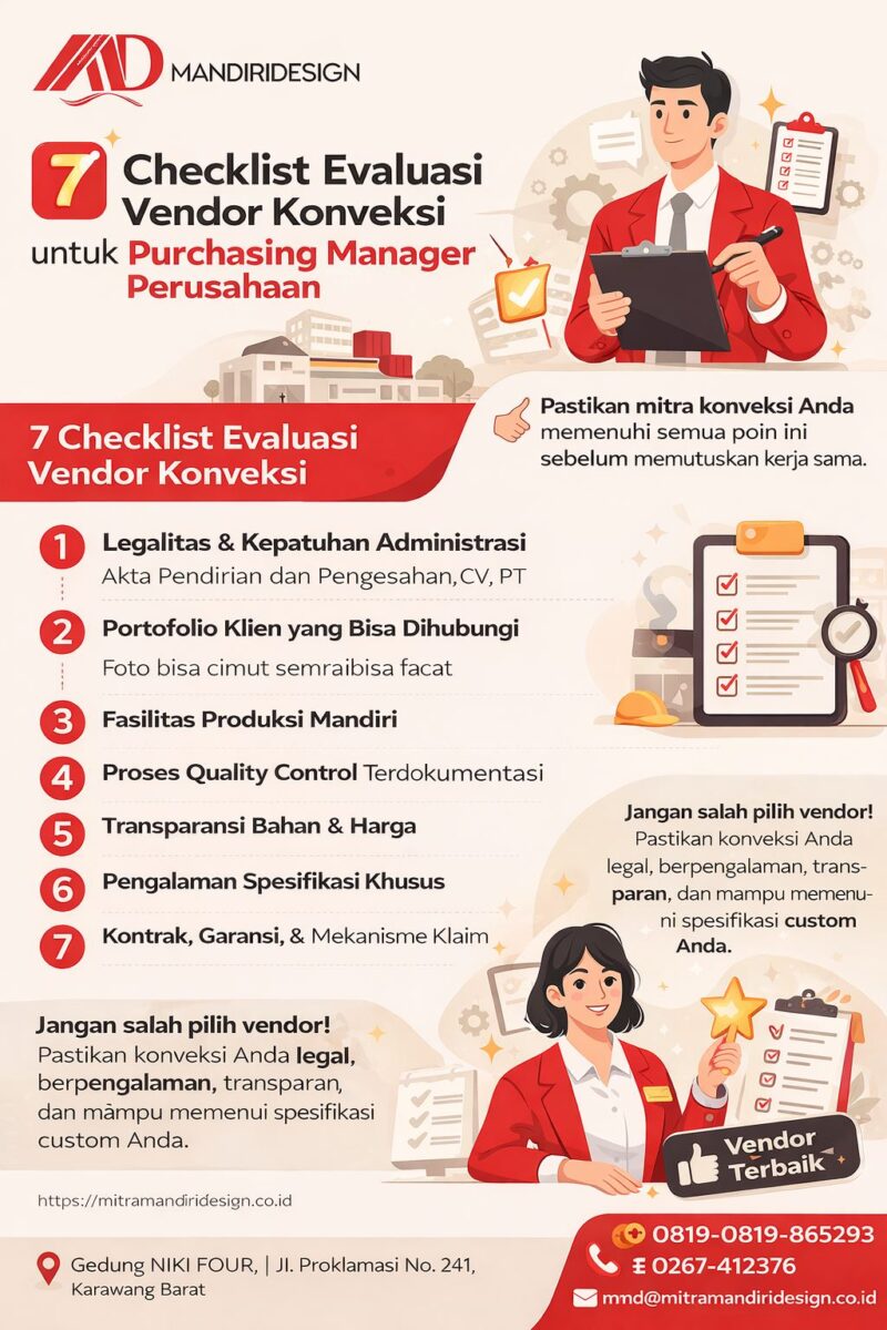Infografis checklist evaluasi vendor konveksi untuk purchasing manager perusahaan dengan 7 poin penting memilih vendor seragam kerja profesional