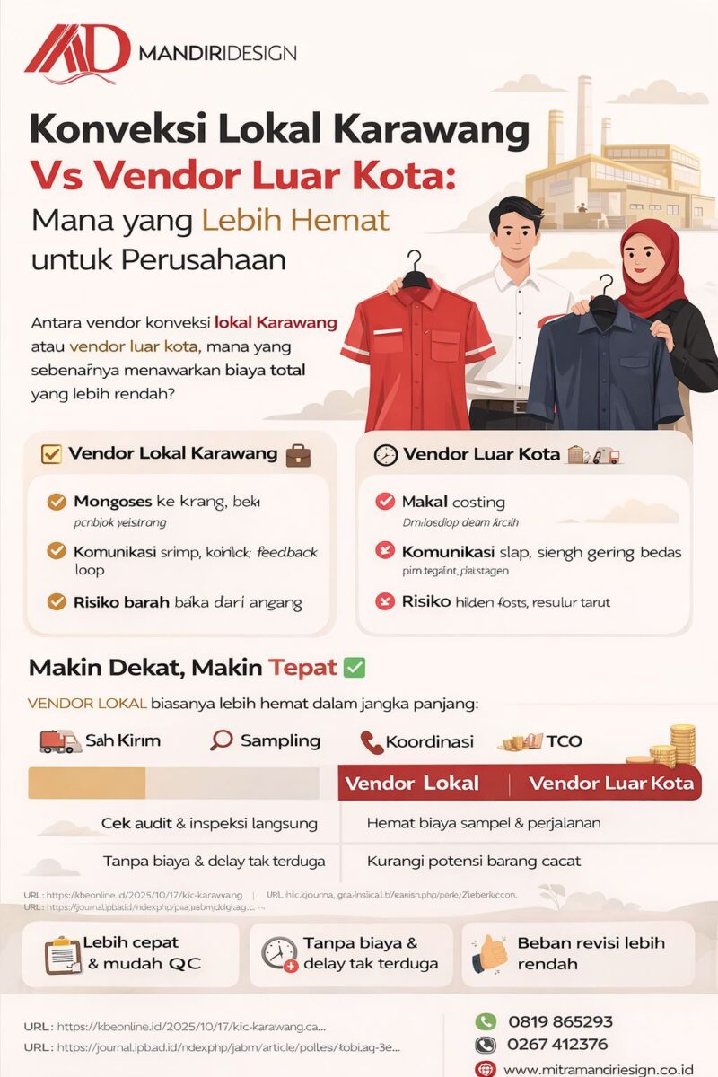 Infografis perbandingan konveksi lokal Karawang vs vendor luar kota yang menunjukkan efisiensi biaya, logistik, dan kualitas seragam perusahaan