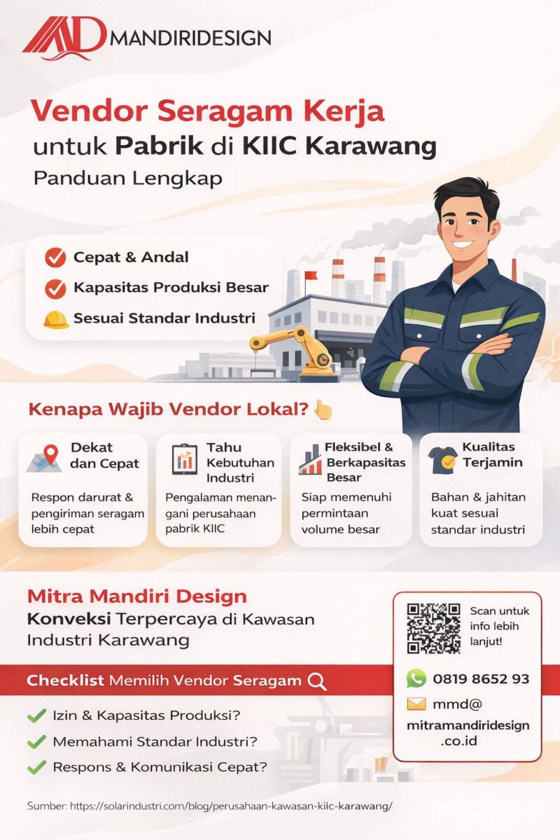 Infografis vendor seragam kerja KIIC Karawang profesional dengan layanan konveksi seragam pabrik berkualitas dan respons cepat